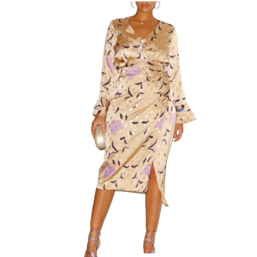 Never Fully Dressed Evie Metallic Floral Satin Blouse Top Tan Purple Gold Size 6